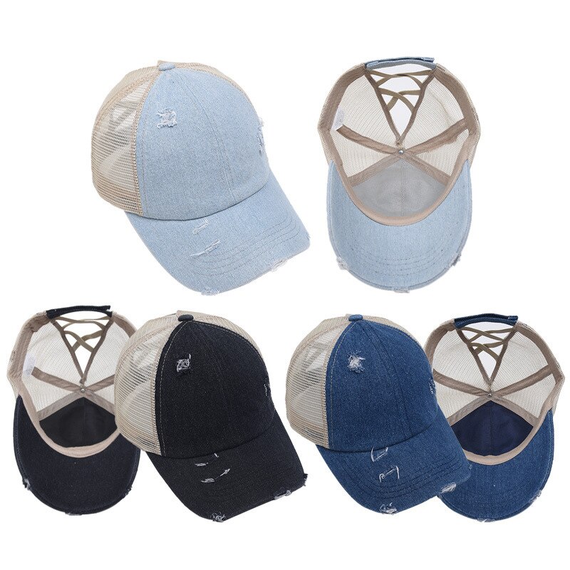 Anti Sun Cap Ripped Mesh Ponytail Criss Cross Baseball Cap Adjustable Hat N66