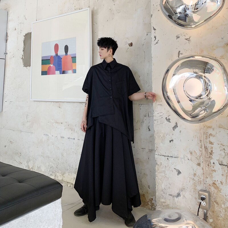 Men Short Sleeve Oversize Irregular Loose Casual White Black Shirt Male Japan Streetwear Hip Hop Party Dress Shirts Couple Shirt