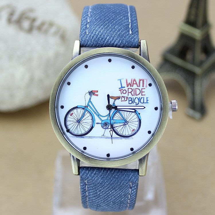 New Fashion Men orologio da bicicletta donna Jean tessuto cinturino in pelle abito orologi Relogio Feminino orologio al quarzo Casual da donna ora calda