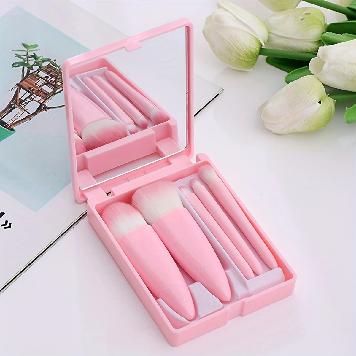 5-teiliger Kosmetikpinsel, tragbarer Make-up-Pinsel für unterwegs, mit Spiegelbox, Make-up-Set, Pinsel, loser Pinsel, Rougepinsel, Lidschattenpinsel: green
