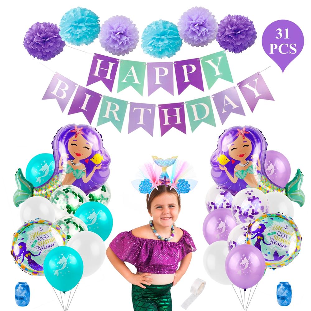 Huiran Mermaid Balloon Happy Birthday Ballon Little Mermaid Birthday Party Decor Kids Balloons Foil Baloon Giant Balony Balon