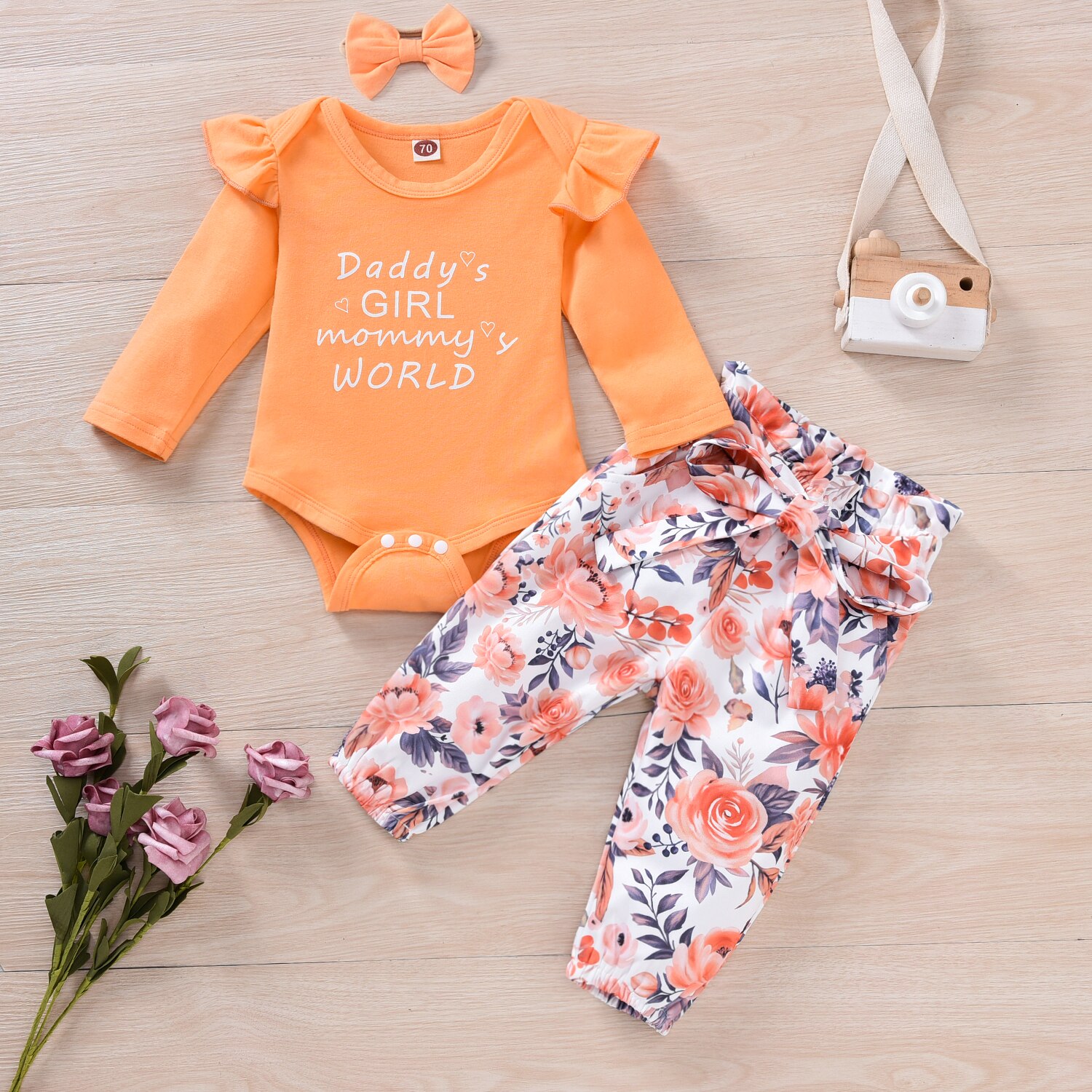 3 -teiliges herbst-Baby-mädchen-einstellen: strampler mit buchstabenmuster, oberteil, geblümter Schlauch, stirnband, lässiges baumwoll-Outfit