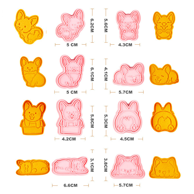 Molde de galletas Corgi 3D, dibujo animado en forma de perro, glaseado de azúcar, galleta en relieve, sándwich de fruta, galleta, Fondant, prensa, molde para hornear: A-8pcs set