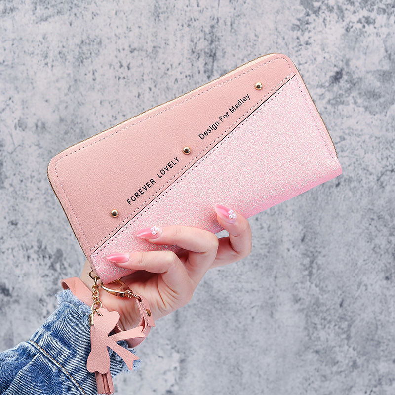 Glitter Shining Wallet Long Women's Zipper Wallet - Korean Splicing, Color Contrast, Tassel, and Rivet Details: Pink