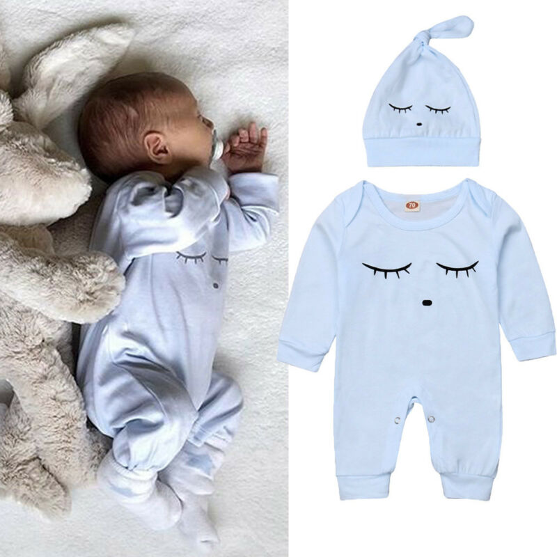 Pasgeboren Baby Wimper Rompertjes Jumpsuit + Hoed Babygrows Outfits Set Baby Jongen Meisje Jurken Katoen Met Lange Mouwen Kleding