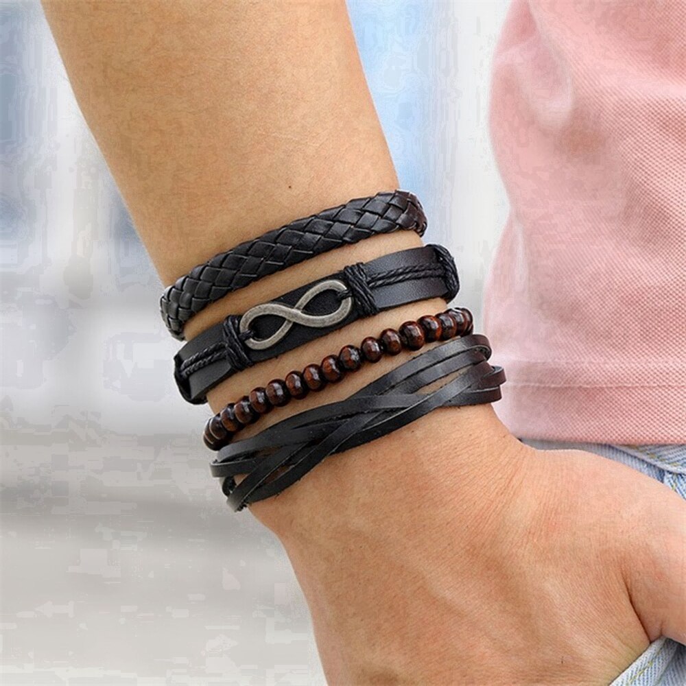 Ifmia Zwarte Mannen Armbanden Vintage Multilayer Leather Braid Armbanden Armbanden Leaf Handgemaakte Rope Wrap Armbanden Mannelijke Jewlery: IF490001996