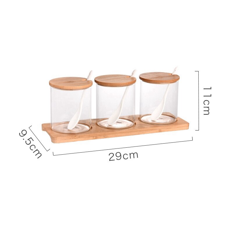 3 Stks/set Glas Kruidkruik Met Lepel Spice Container Organizer Kruiden Blikjes Peper Shaker Opbergdoos Met Lade Keuken