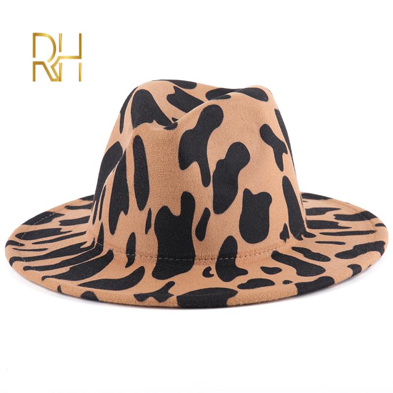 Men Women Wide Brim Wool Felt Cow Print Fedora Hats Vintage Panama Trilby Cap Jazz Hat RH