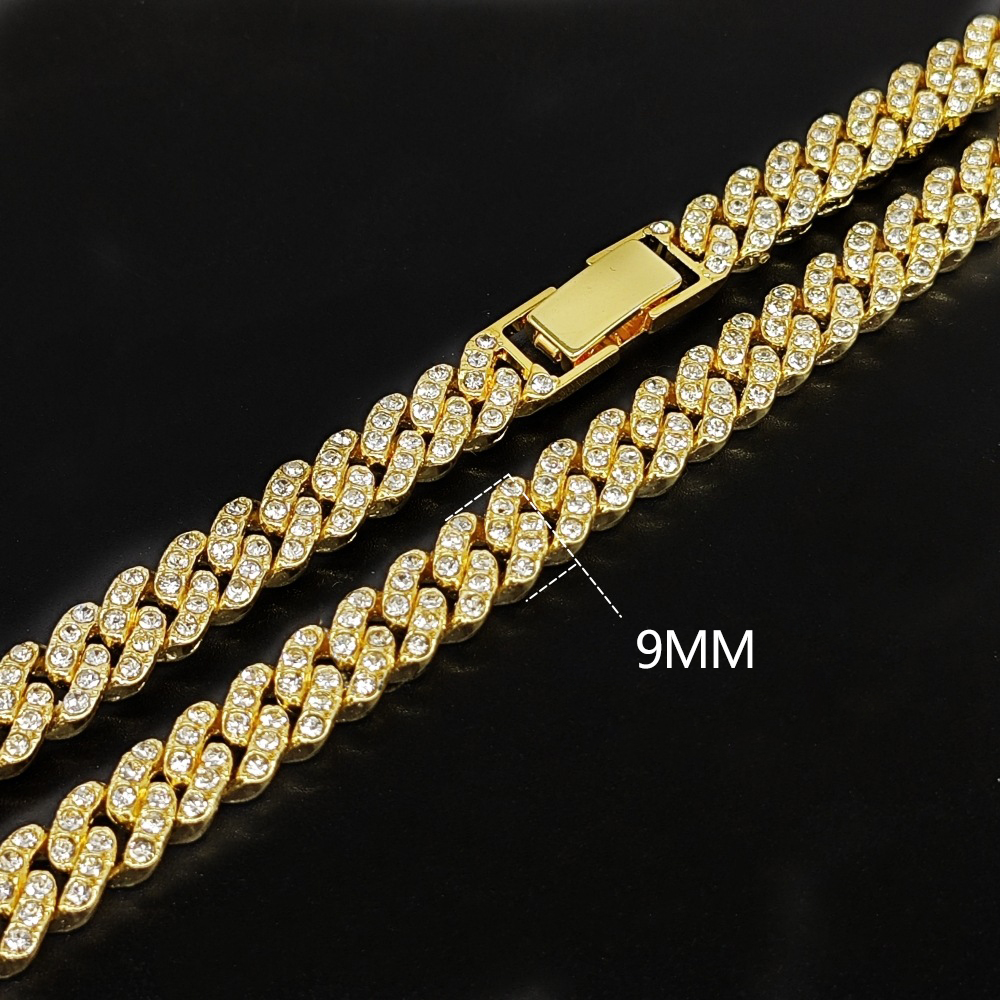9MM Hip Hop Men Women Prong Cuban Link Chain Necklace Bling Iced Out 1 Row Rhinestone Paved Miami Cuban Chain Jewelry