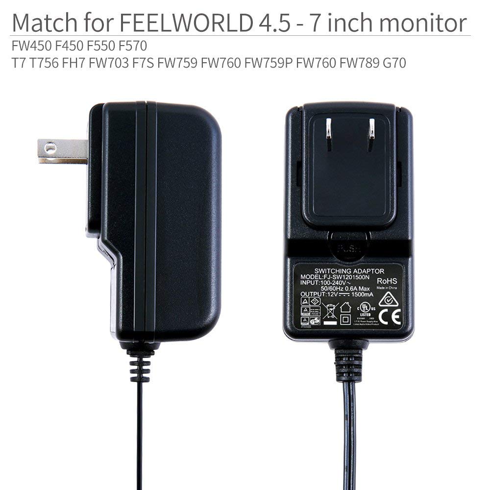 Feelworld Power Adapter 12V 1.5A - AC to DC Switching Power Supply for Feelworld Monitors FW279 F5 S55 F6PLUS