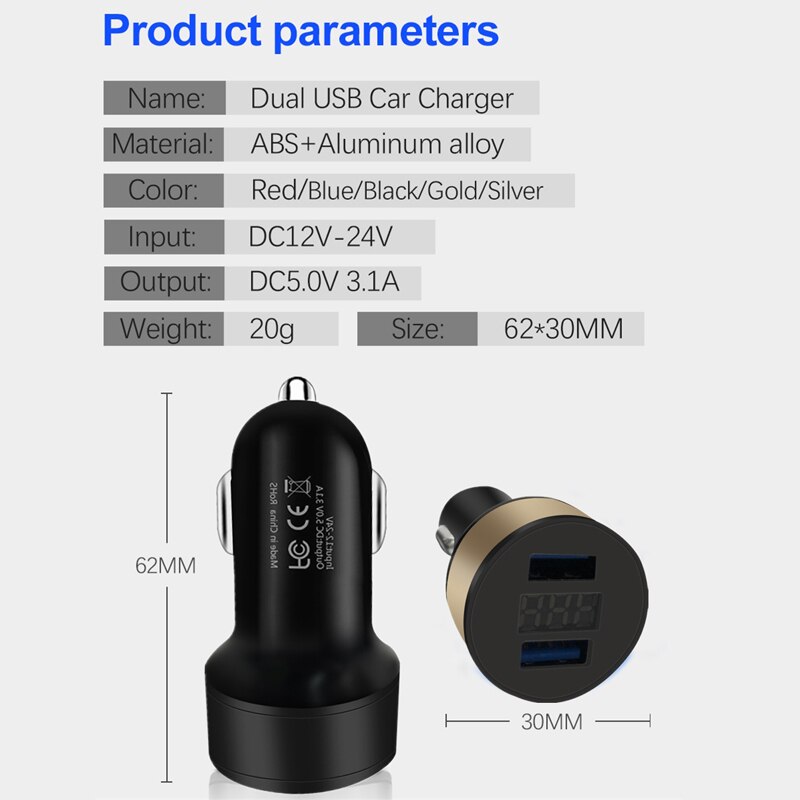 Dual Usb Car Charger 3.1A 18W Fast Charger Lcd Display 12-24V Autosigarettenaansteker Aansteker Auto telefoon Oplader Voor Iphone Samsung