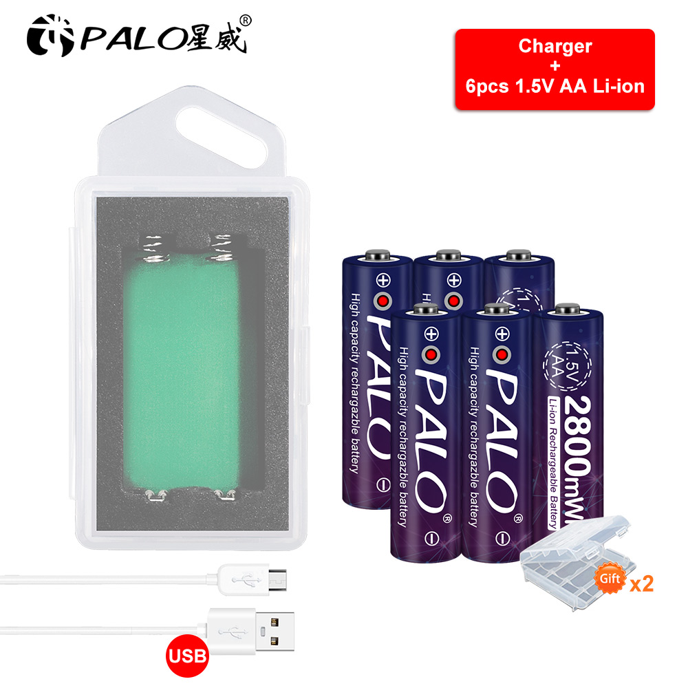 PALO 2800mWh AA1.5V lithium-ion battery 1.5V AA rechargeable pre-charge battery+1.5V AA li-ion battery charger case usb charger: 6pcs and charger