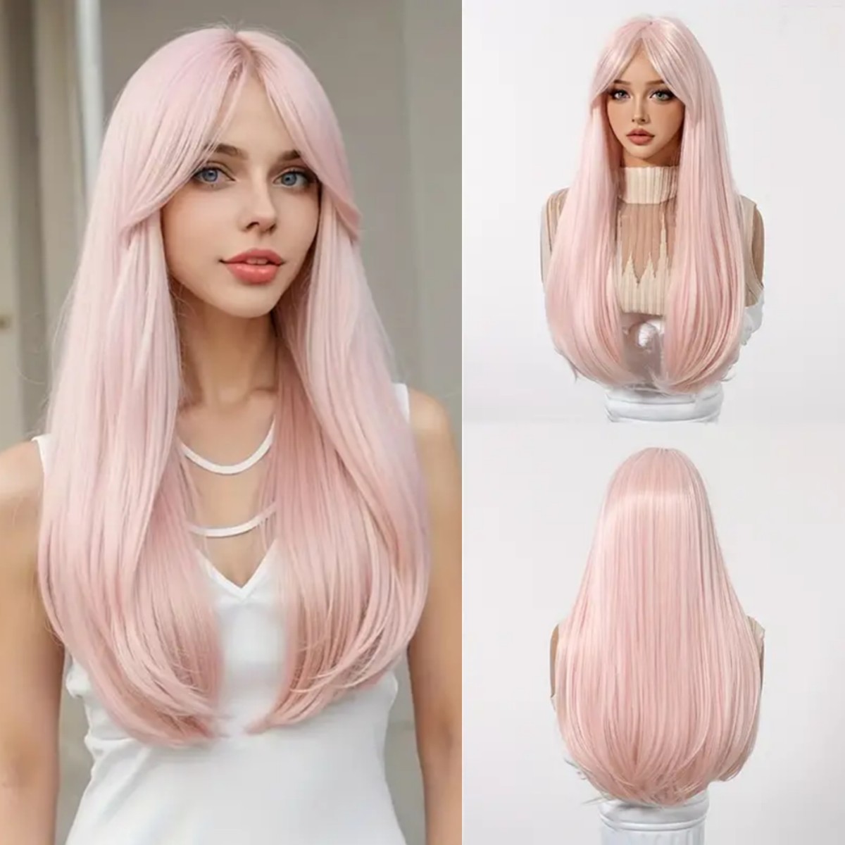 Lange gerade dunkelbraune synthetische Perücken mit Pony, seidige geschichtete Perücken für Frauen, täglicher Partygebrauch, Naturhaar-Perücke, hitzebeständig
