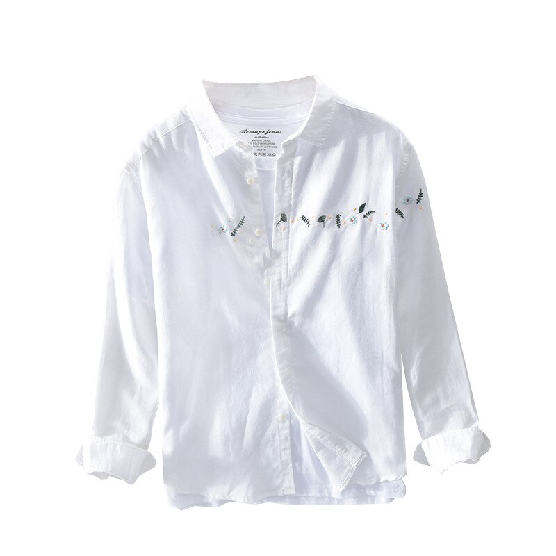 Men Floral Embroidery Japan Fresh Style Slim Shirts Solid Color Lapel Long Sleeve White Blouses Jacquard 100% Nature Linen Tops