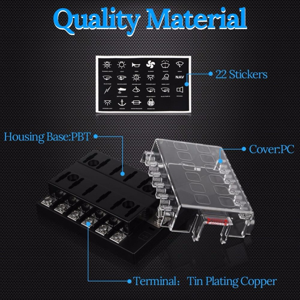 Caja de fusibles de 12 vías para coche y barco caja de fusibles de circuito estándar, bloque DC 12-32V con cubierta de protección impermeable