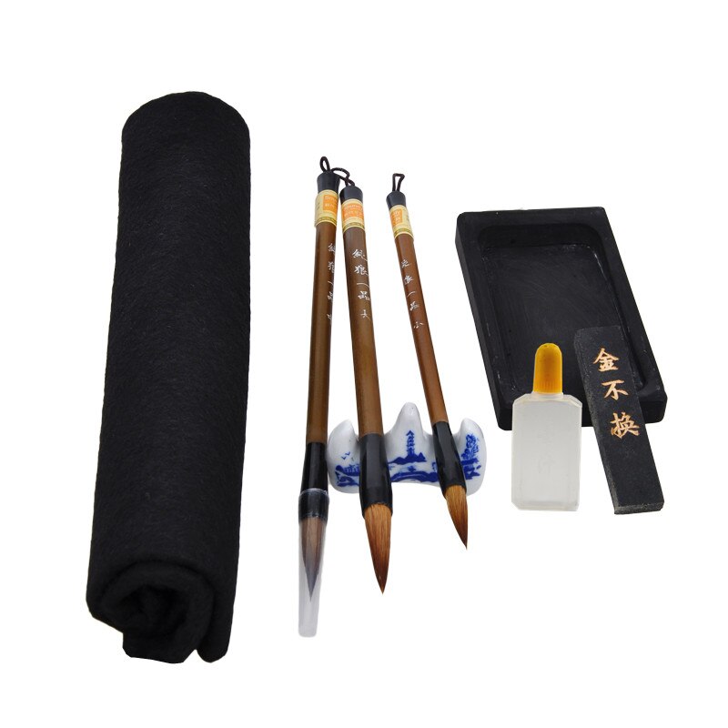 Chinese Calligraphy Pen Set Weasel Hair Ink Stick Ink Stone Calligraphy Brush Rest Box Set for the Beginners Caligrafia