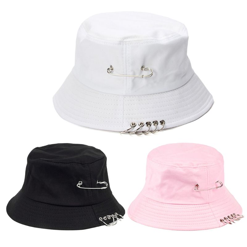 Harajuku Punk algodón personalidad sombrero de cubo Metal Pin o-anillos Color sólido ala ancha protector solar plegable Hip Hop pescador Cap