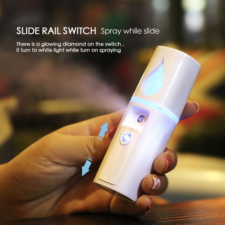 Mistgenerator, draagbare luchtbevochtiger, gezichtsfijne nanospray, automatische uitschakeling,  in 60s oplaadbare batterijen, led-nachtlampje