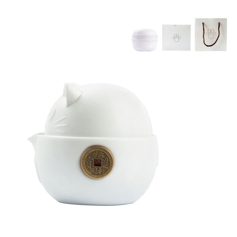 Juego de té de cerámica portátil para gatos, juego de cerámica con tetera, tazas de té, bolsa de viaje para oficina, hogar, viaje, rápida: White
