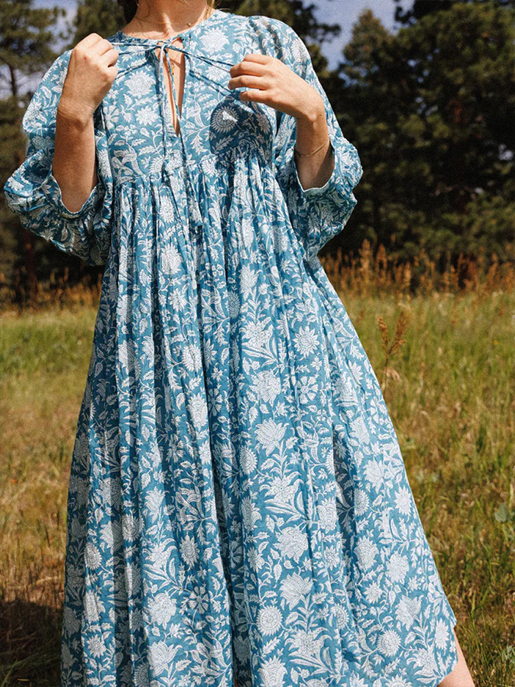 Oversized Casual Loose Dresses Women Summer Floral Printed Long Dresses Lantern Sleeve Boho Beach Dress