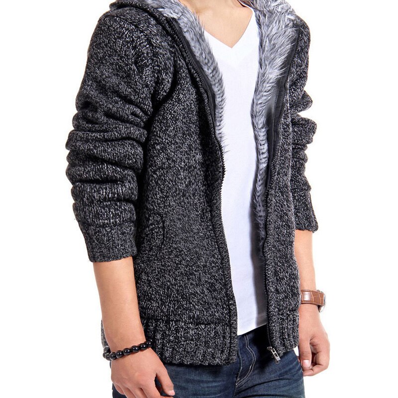 Herrtröja vinter varm tjock tröja jacka stickad luva tröja casual sammet päls tröja kappor 2xl: 2 / Xl