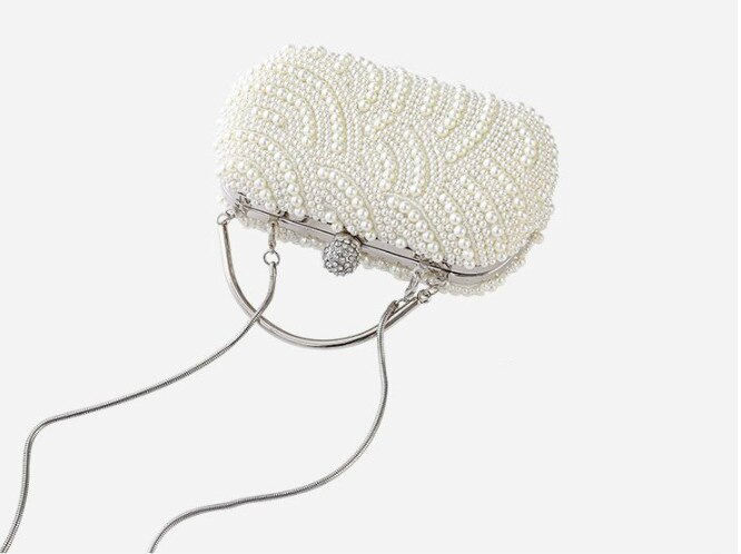 Luxury Crystal Pearl White Evening Clutch Bags Women Minaudiere Handbag Wedding Party Lady Purse Bag: Snake chain