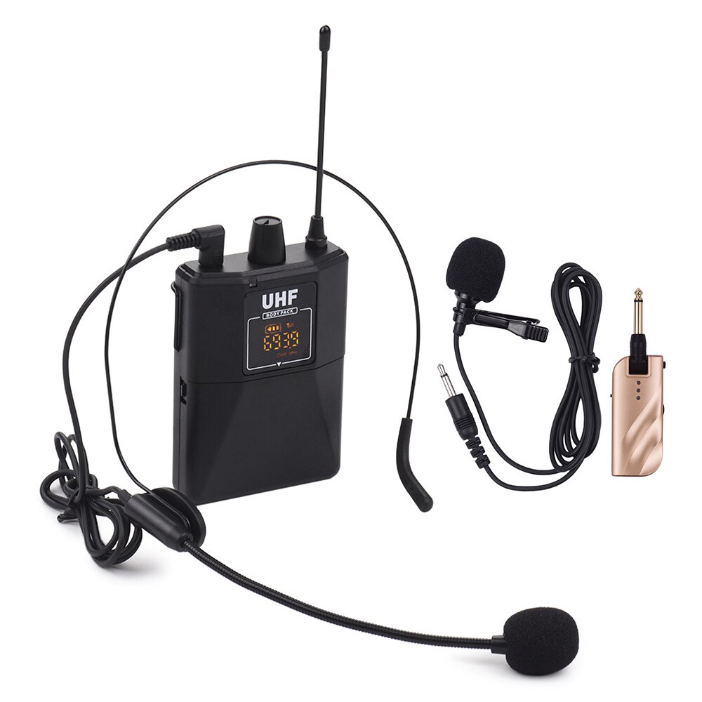 UHF Dual-Frequency Wireless Microphones Set with 1 Receiver 1 Transmitter 1 Lavalier Mic 1 Headset Mic for Teaching Meeting Live