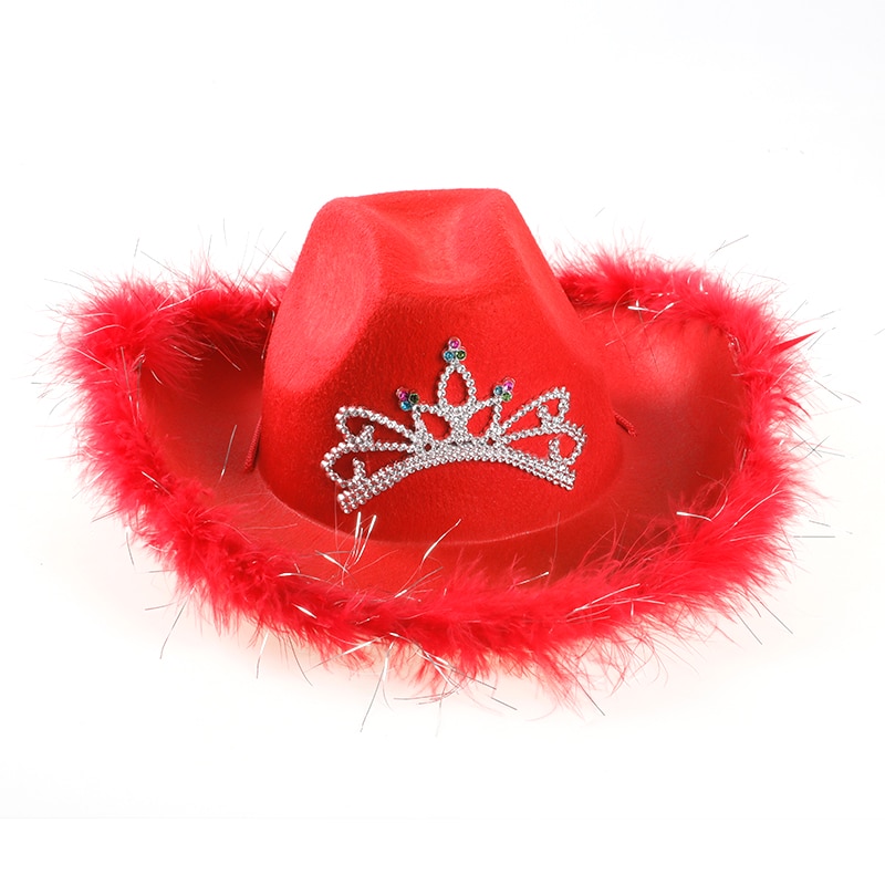 Cowboyhat i westernstil pink #39 til kvinder skæv bred skygge med pailletter dekoration krone tiara cowgirl hat
