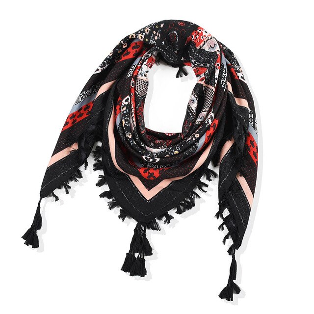 Sjaal Vrouwen Winter Bohemian Vierkante Zakdoek Sjaal Wrap Retro Patroon Kwastje Vrouwelijke Sjaal Grote 115Cm Katoen Foulard Bloemen: 25