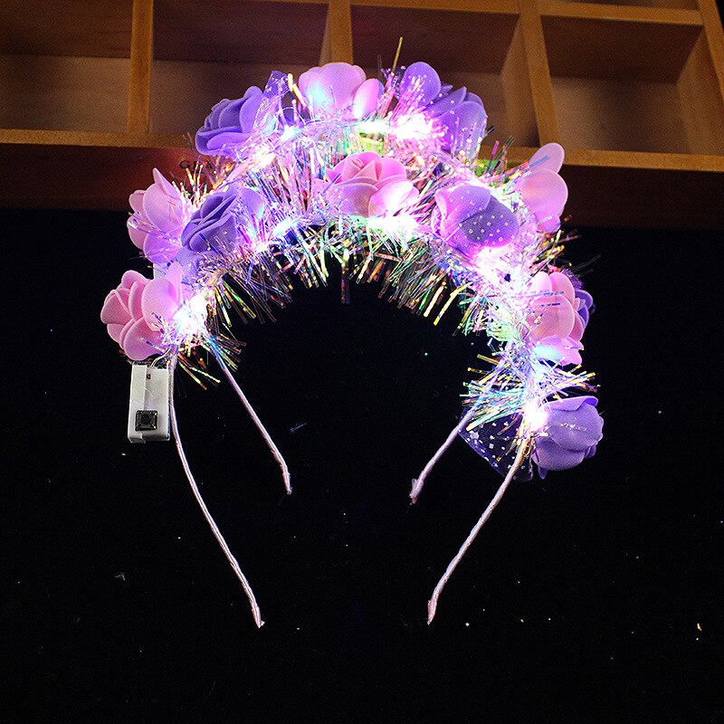 Diadema de flores con luz LED para niña y mujer, guirnaldas de pelo brillantes, suministros para de cumpleaños y Rave