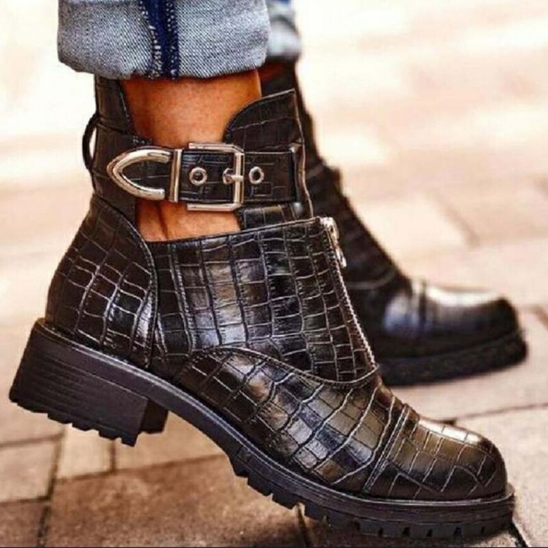 Woman Platform Boots Ladies Motorcycle Cowboy Boots Women PU Leather High Heels Short Booties Ankle Botas Zipper Shoes