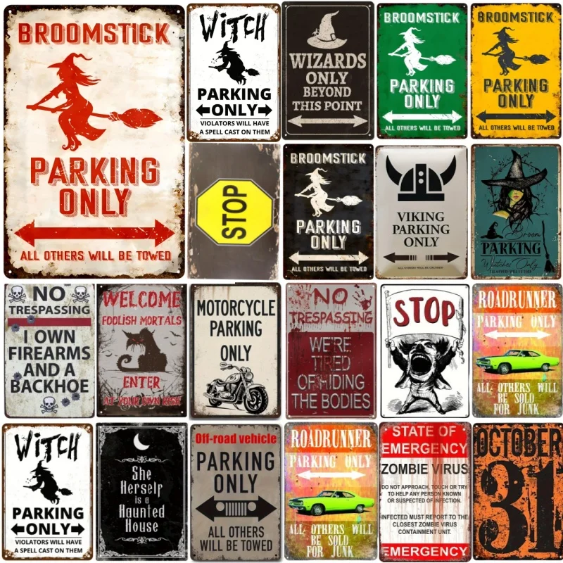 Vintage halloween-skilt kun til parkering, unikt stopskilt, finurlig kost, heksedekoration til køkken, soveværelse, café, bar, stue