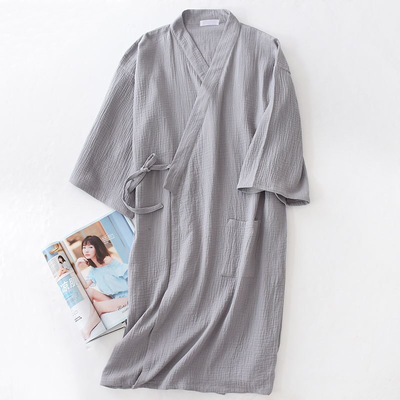 Koselig sommer ren bomull kimono badekåper menn crepe 100%  bomull uformelt mannlige badekåper lange ermer spa japanske badekåper til menn: Grå / M