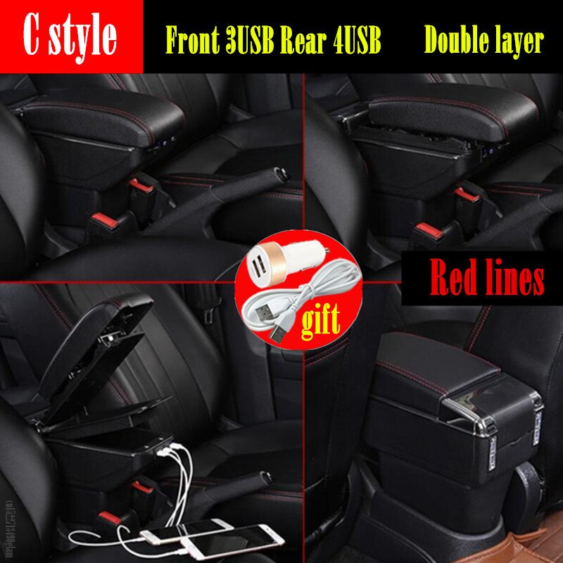Draaibare Armsteun Doos Voor Renault Dacia Duster 2 Centrale Console Opbergdoos Bekerhouder Pu Lederen Usb: C style red line