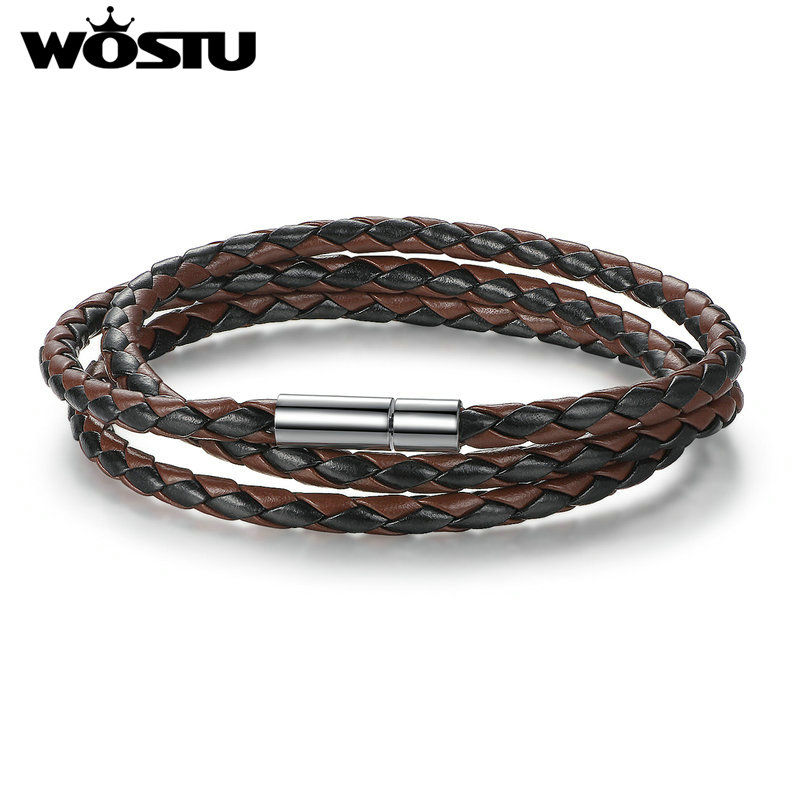 WOSTU 6 Color 60CM PU Leather Wrap Bracelet With Magnet Clasp Jewelry For Women Men Pulseira: brown and black