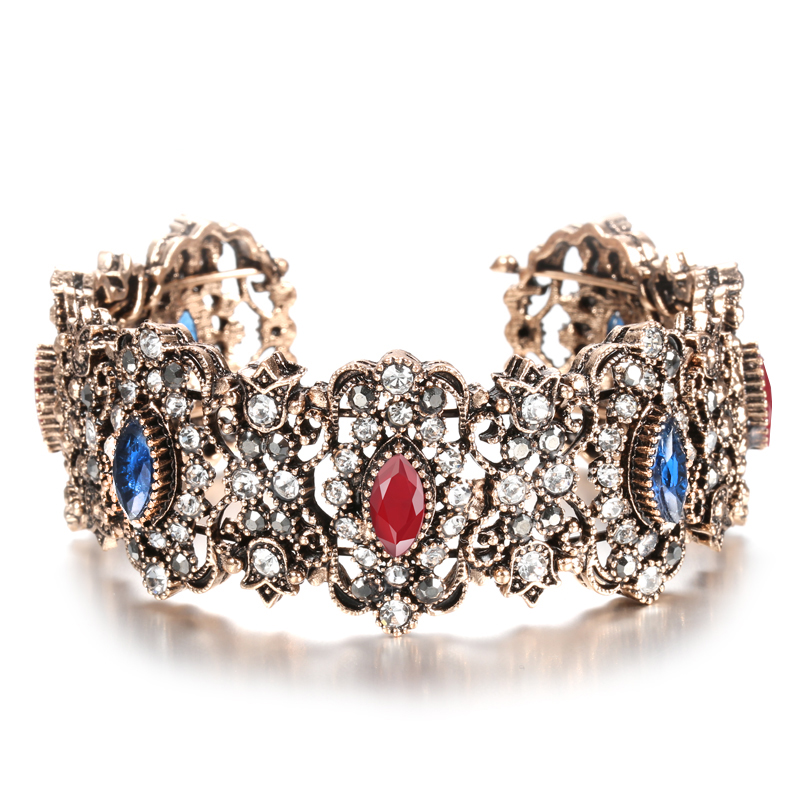 Wbmqda vintage grå krystal armbånd boho antik guld justerbare brede manchet armbånd til kvinder erklæring smykker fest: Rødblå
