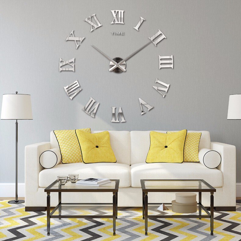 Muhsein Europese Stijl Diy Wandklok Moderne Romeinse Cijfers Klokken Grote Maat Muursticker Horloge Unieke Woondecoratie: Silver / 37 INCH