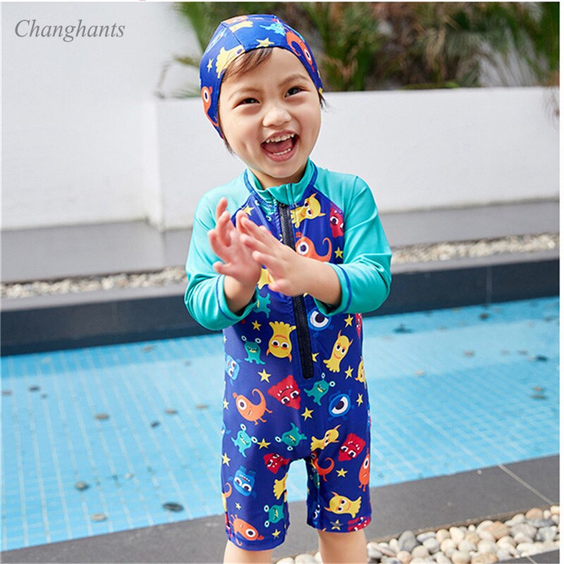 2-9Y Ragazzi Protezioni Bambini di Un Pezzo del Costume Da Bagno Dei Bambini Blu Costumi Da Bagno Bambini Costume Da Bagno Vestiti Del Bambino Manica Lunga Surf Sabbia Indossare Usura