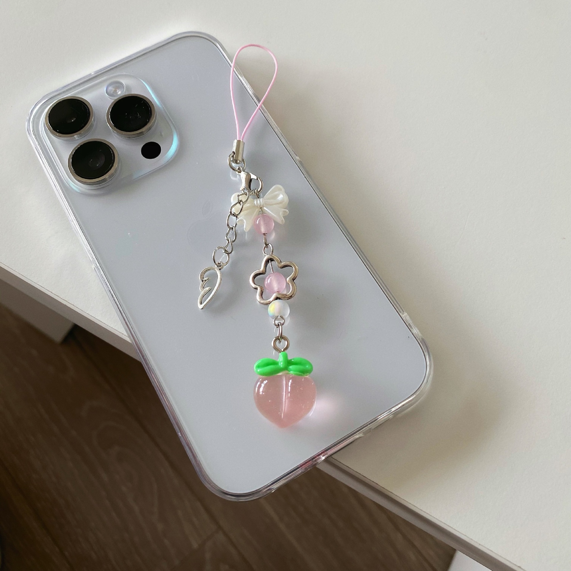 Bonito rosa claro pêssego chaveiros transparente geléia fruta chaveiro y2k kawaii bagpack iphone acessórios estéticos para menina