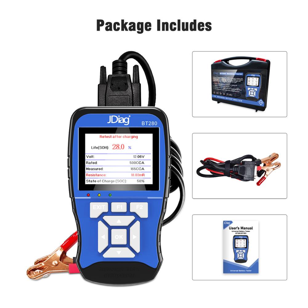 JDiag BT280 12V Universal Battery Tester For Cars Trucks Boats Motorcycle BT300 12VBattery Crank/Charge analyzer Tester