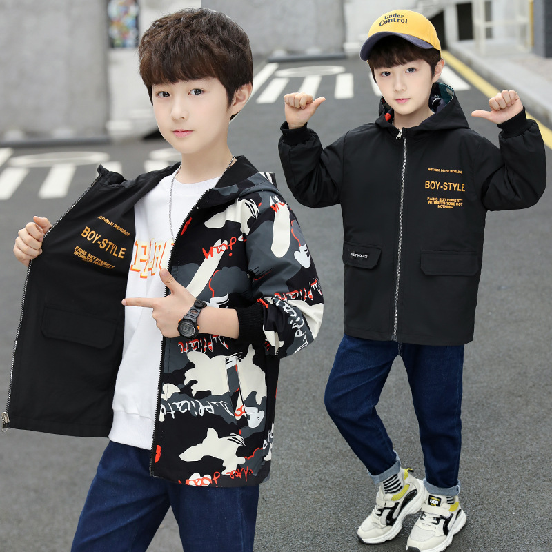 Kids Jongens Dubbelzijdig Slijtage Camouflage Capuchon Revers Lente/Herfst Grote Maagd Casual Jas 4-12 jaar Oud: GRAY / 5