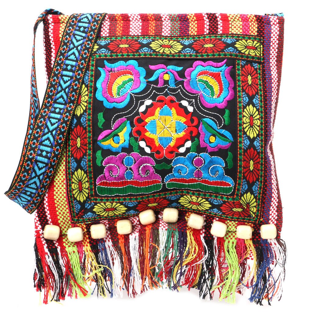 Bolso de hombro Vintage Hmong Tribal étnico tailandés indio Boho bolso de mensaje tapiz bordado hecho a mano de lino: A