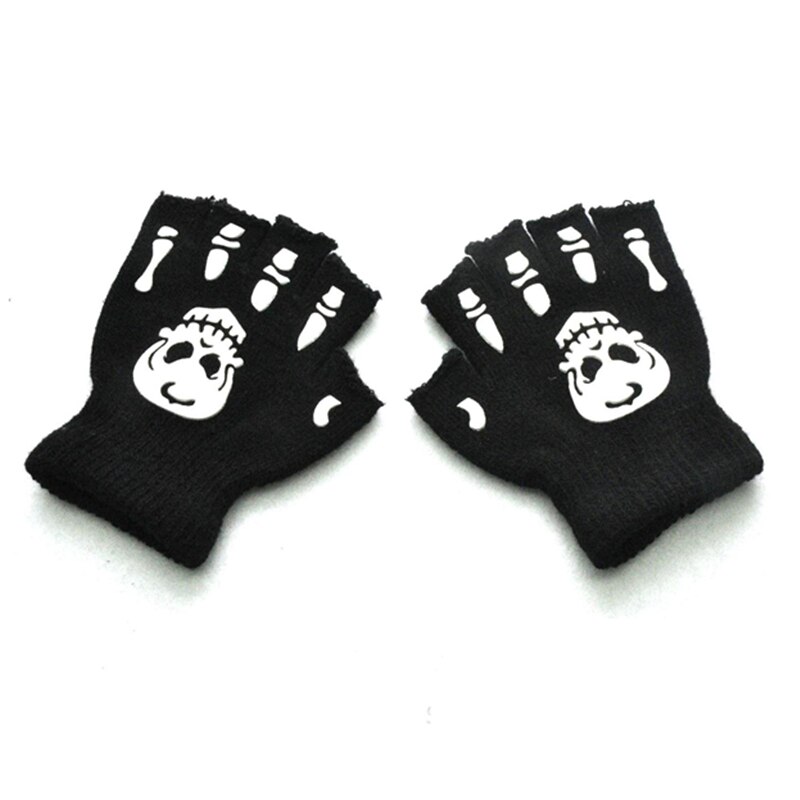 Impressão de esqueleto fluorescente crânio malha metade dedo luvas fresco outono inverno preto ridding tricô para crianças 5-12y: B