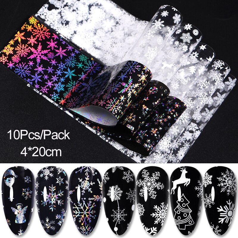 10 Stks/set Wit Sneeuwvlok Nagels Art Transfer Folie Gemengde Winter Ontwerpen Lijm Nail Stickers Folie Decor Accessoire: 10pcs-7