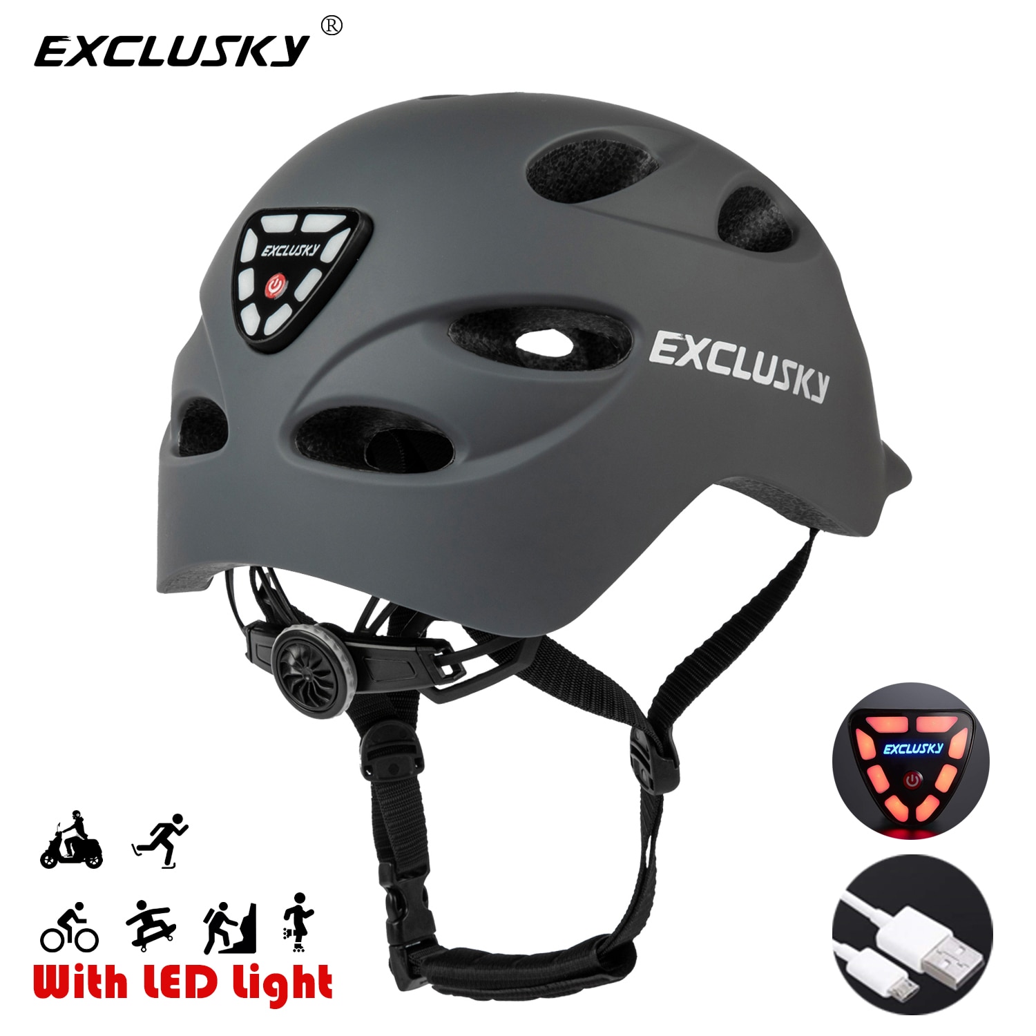 EXCLUSKY Adult Rechargeable USB Safety LED Road Cycling Bicycle Light Helmet Size M and L CE CPSC Certification