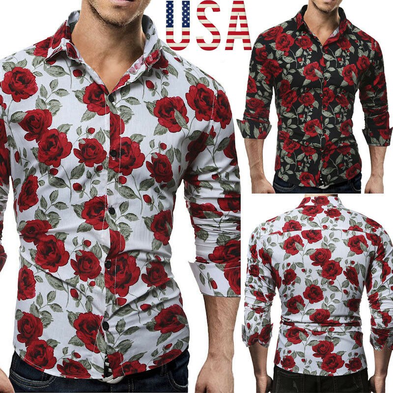 Rose Flower Printed Shirts Men's Luxury Long Sleeve Tops Tee Slim Fit Casual USA