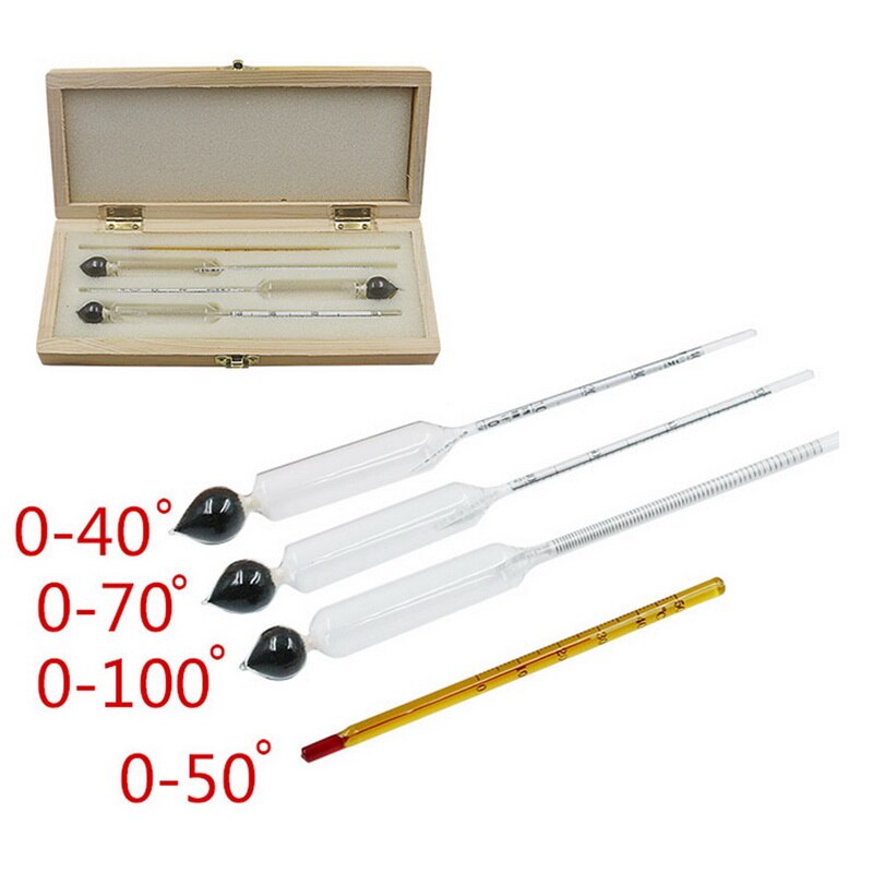 Thermometer Wine Meter Vintage Alcohol Concentration Meter Tool Hydrometer Alcoholmeter Set 0 To 100% Alcohol Meter Tester 4PCS: Wooden Box