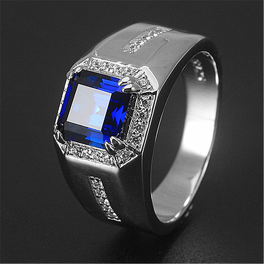 Classico quadrato di cristallo blu zaffiro pietre preziose anelli di diamanti per gli uomini oro bianco argento colore bague gioielli accessori regali