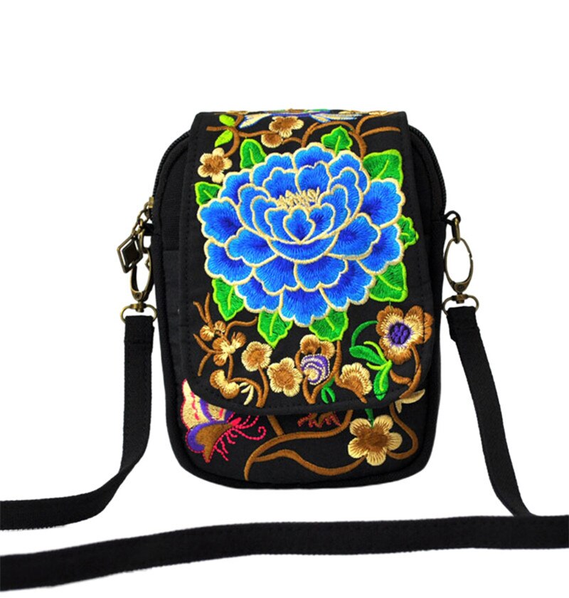 Mode Geborduurde Vrouwen Voor Tassen Canvas Schoudertas Reizen Bloemen Vintage Crossbody Handtassen Mobiele Telefoon Tassen: Blue Peony