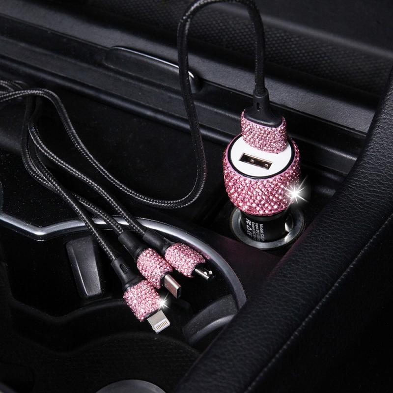 Cargador USB Dual para coche, accesorio para teléfono móvil, tableta, GPS, Cable de diamante de cristal, encendedor de cigarrillos, con Cable USB para teléfono
